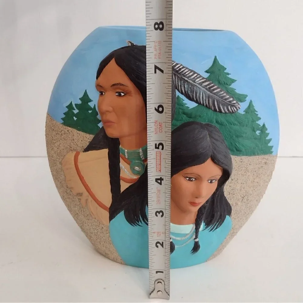 Vintage 1994 Ceramic Hand Painted Native American 3D Indian Couple Vase